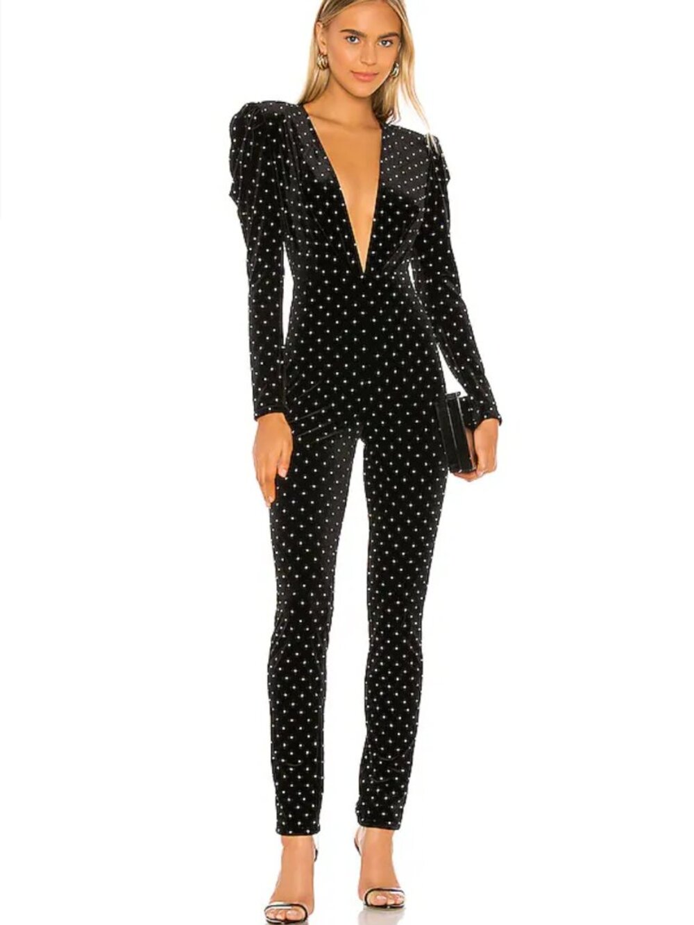 Michael Costello x REVOLVE Lulu Jumpsuit Womens L Black Velvet Crystal Embellish